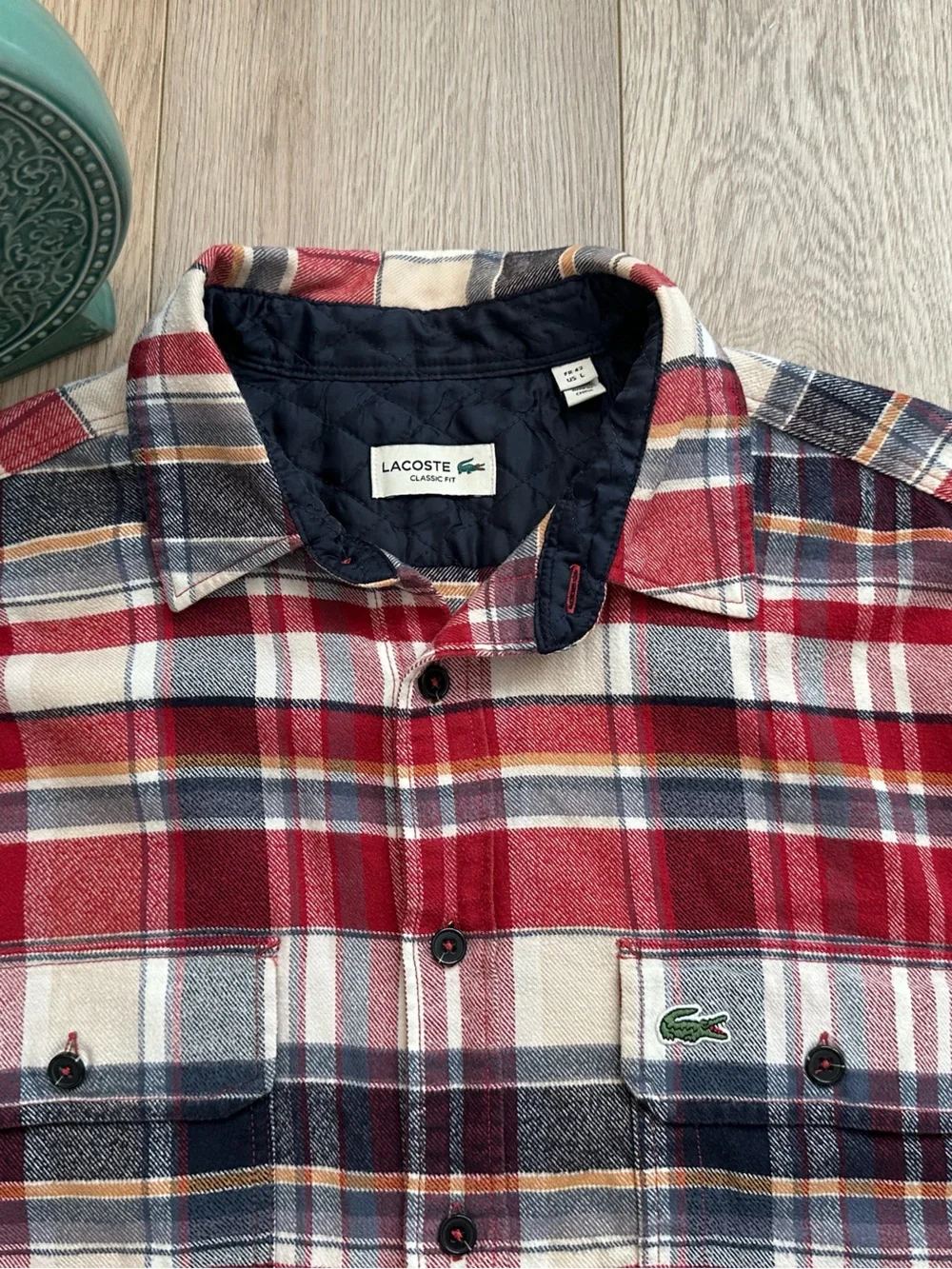 Lacoste Red Navy Plaid Button-Down Shirt classic fit Size L - Picture 6 of 10